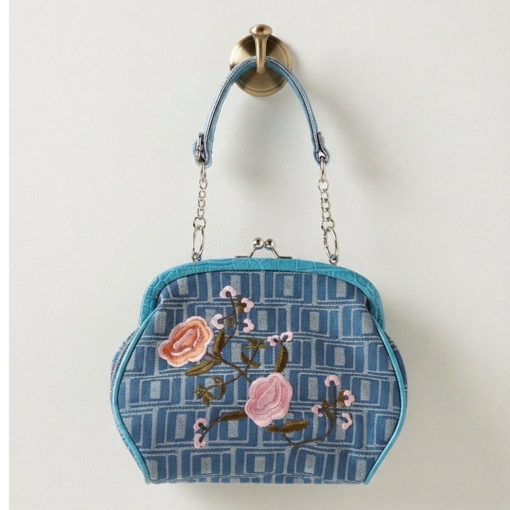 JLO Jennifer Lopez Blue Floral Embroidered Kiss Lock Frame Handbag Croc Trim